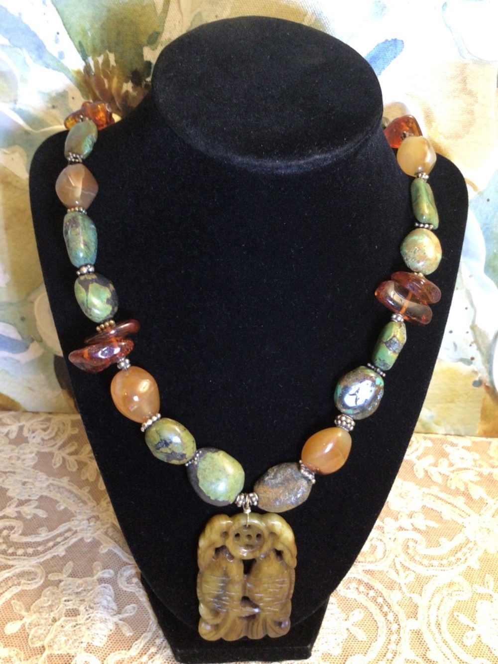 Chinese Pisces Amulet Hand-carved Jade Agate Turquoise Amber Necklace Sterling